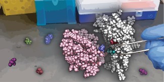 artwork depicting a researcher's gloved hand manipulating molecules with tweezers