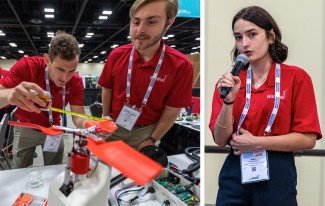 Collage of two images. On the left, a student measures the blades of a wind turbine while another watches. On the right, a student uses a microphone to speak while giving a presentation.