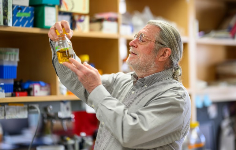 A man in a laboratory looks at a flask of amber liquid held in his hand
