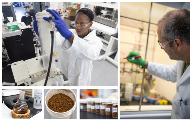 Photo collage. From top left, a researcher in a white lab coat and blue gloves adjusts equipment; scientist writes on glass shield, row of glass bottles with brown powder of different shades, white bucket of brown powder and chunks, flask coated with brown residue