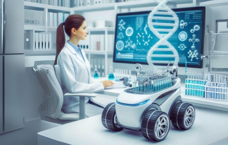 AI generated image of a female scientist in a laboratory setting looking at a screen with nonsensical shapes. On a table in the foreground is a small, four-wheeled vehicle filled with test tubes.