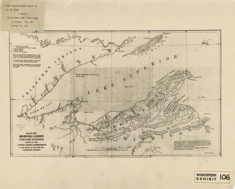 Hand-drawn map of lands surrounding the western half of Lake Superior