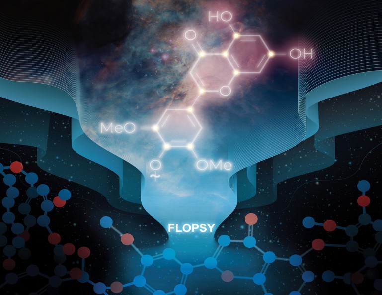 Illustrative cover art showing a glowing lignin-derived molecular structure (with HO, OH, MeO, OMe labels) emerging from a nebula-like cosmic cloud, above the word 'FLOPSY,' flanked by stylized ball-and-stick molecules