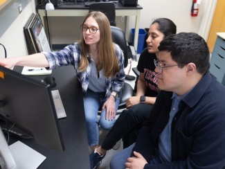 A woman points to a computer monitor as a woman and man look on