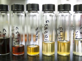 A row of six glass tubes on a lab bench containing liquids that vary in color, from dark brown on the left to clear on the right