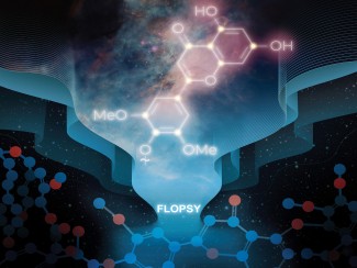 Illustrative cover art showing a glowing lignin-derived molecular structure (with HO, OH, MeO, OMe labels) emerging from a nebula-like cosmic cloud, above the word 'FLOPSY,' flanked by stylized ball-and-stick molecules