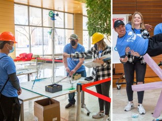 Two images. On the left, three students stand around a table wearing hard hats as they raise a short wind turbine in a bright lobby. On the right, the same three students from the Darlington Quiltblockers KidWind team celebrate winning the competition.