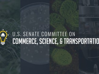 U.S. Senate Committee on Commerce, Science, and Transportation's logo overlaid on images that represent the bioeconomy