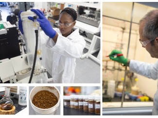 Photo collage. From top left, a researcher in a white lab coat and blue gloves adjusts equipment; scientist writes on glass shield, row of glass bottles with brown powder of different shades, white bucket of brown powder and chunks, flask coated with brown residue
