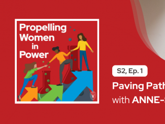 Graphic with Propelling Women In Power podcast logo on left and photo of Anne-Sophie Bohrer at a microphone on the left.