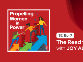 Propelling Women in Power Podcast logo against a red background with a photo of Joy Altwies at a microphone on the right