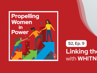 Propelling Women In Power logo over a red background with picture of Whitney Loo at a microphone on the right