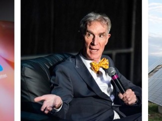 Three images in a horizontal panel: image 1 has a phone screen with a finger hovering over the "Twitter" app icon, Image 2 is of Bill Nye the Science Guy, image 3 is of solar panels against a landscape background