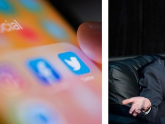 Three images in a horizontal panel: image 1 has a phone screen with a finger hovering over the "Twitter" app icon, Image 2 is of Bill Nye the Science Guy, image 3 is of solar panels against a landscape background