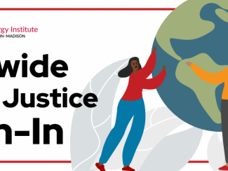 Graphic for Worldwide Climate & Justice Teach-in with illustration of three people holding the Earth