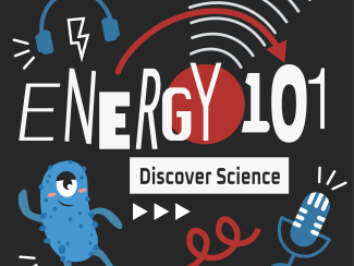 Energy 101 logo with cartoon microbes, microphone, headphones, and lightning bolt