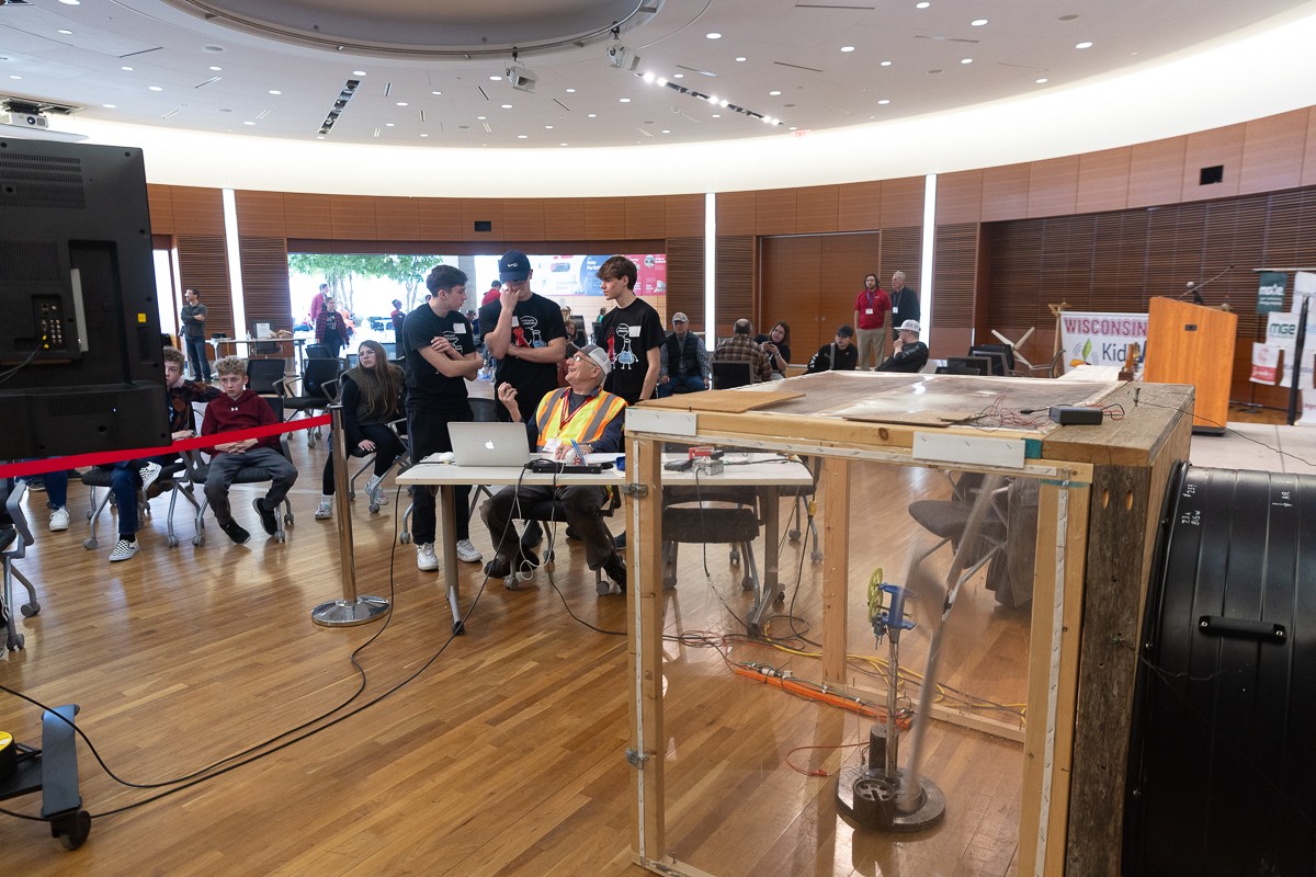 Students from Mauston, Wis., test their turbine in the competition wind tunnel.