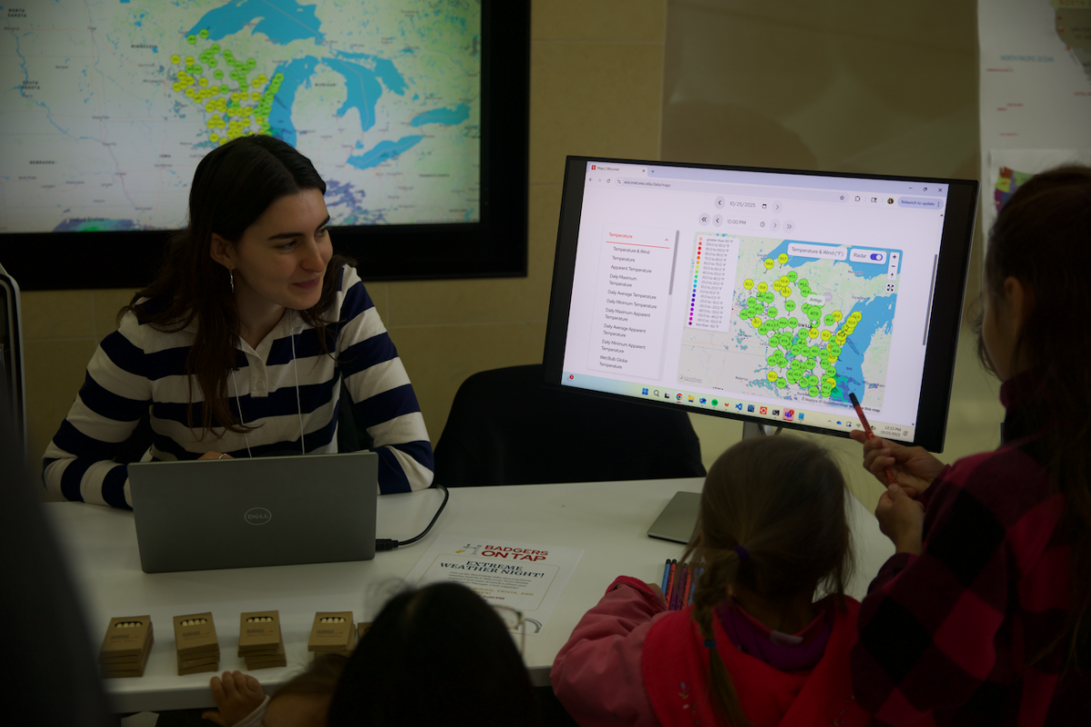 Students examine weather data on a computer from the Wisconsin Environmental Mesonet.