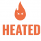 An orange flame cartoon with angry eyes above text that reads "heated" in all capital letters